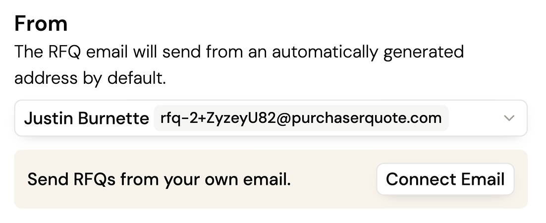 UI close-up showing a button to connect a work email for sending RFQs.